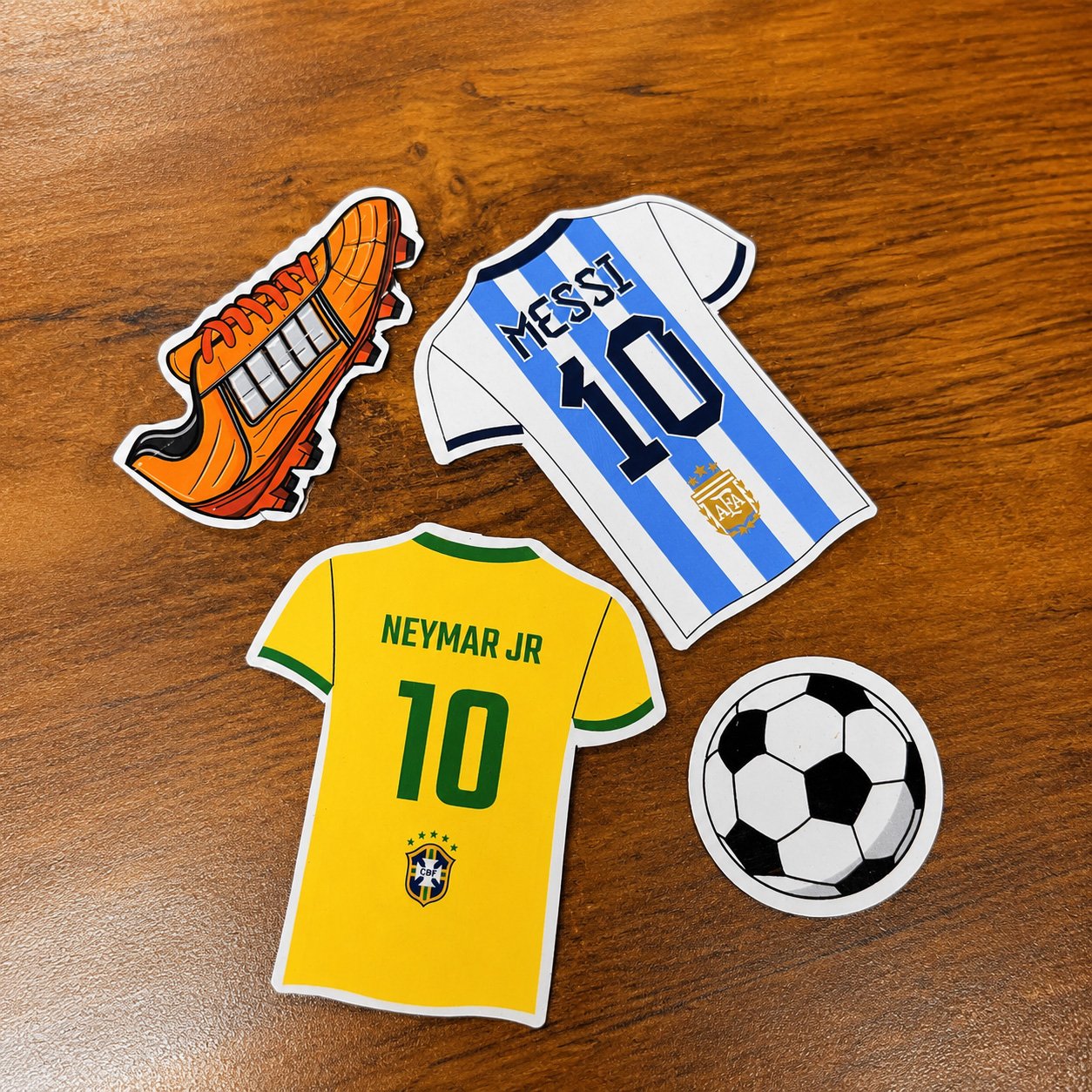 Football-themed fridge magnet set with colorful jersey and football designs